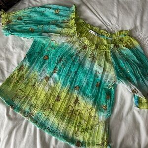 Peter Nygard Lime and Teal Sheer Blouse with Gold Embroidery